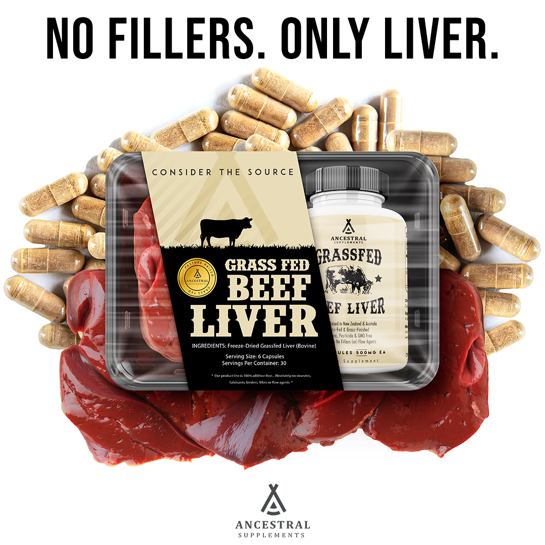 Ancestral Supplements social ad featuring grass-fed beef liver capsules, raw liver, and product packaging