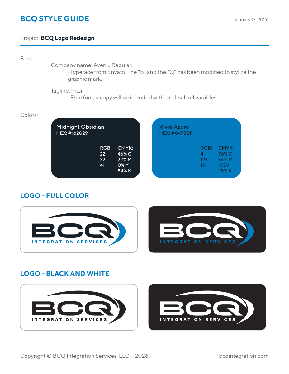 BCQ style guide showing typography, color values, and full-color and monochrome logo variations