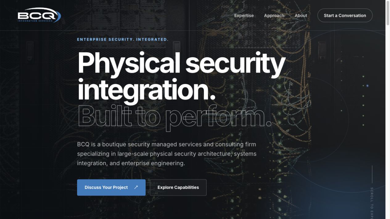 Live BCQ homepage showing Physical security integration. Built to perform.