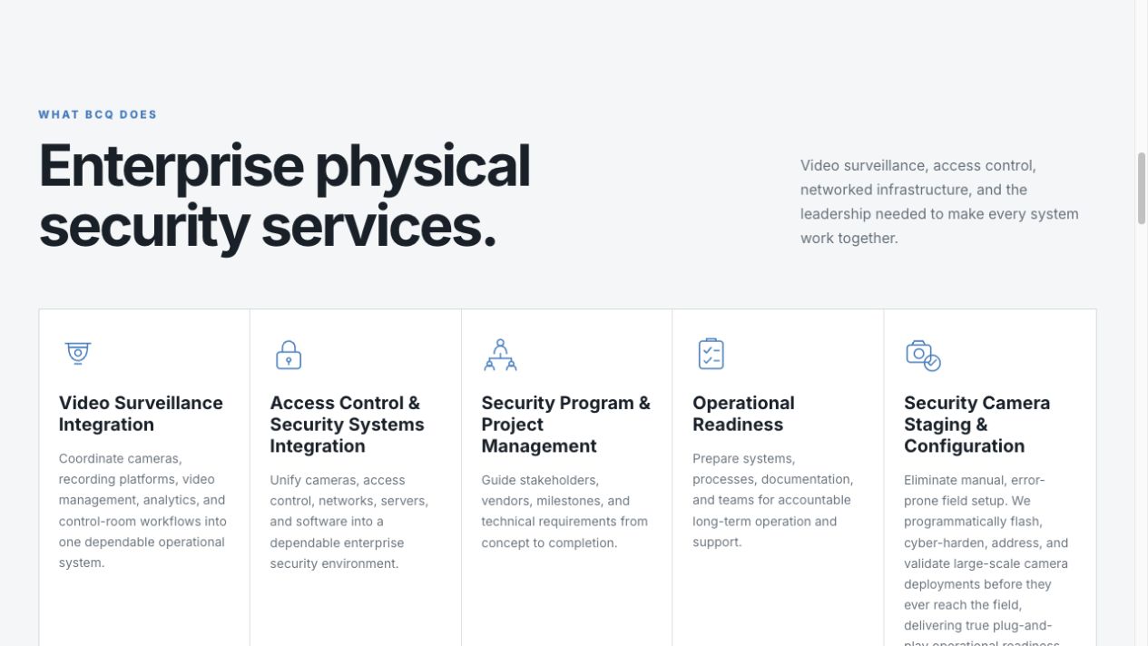 BCQ website capabilities section showing enterprise physical security services