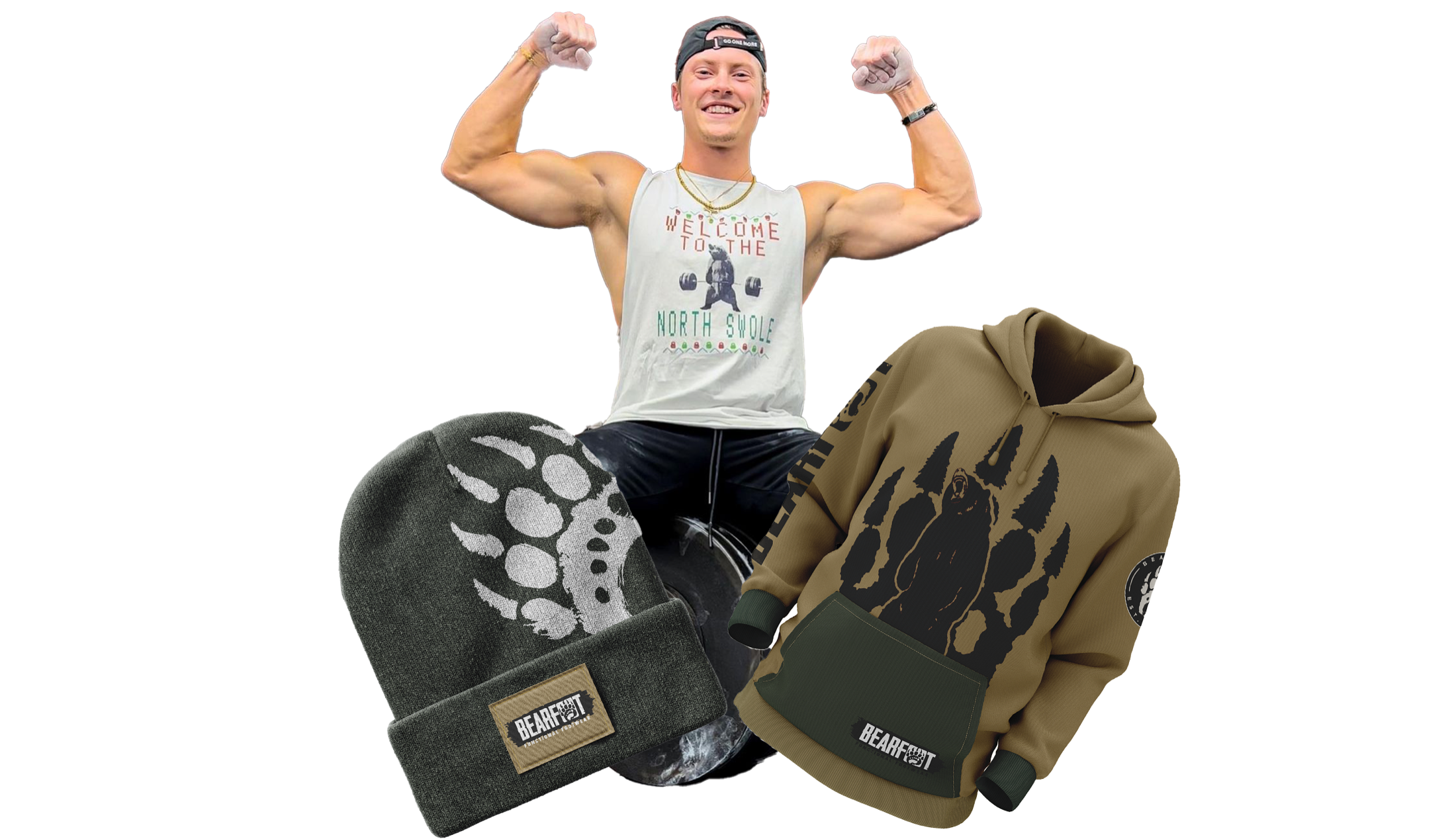 Bearfoot apparel concepts including a holiday tank top, beanie, and hoodie