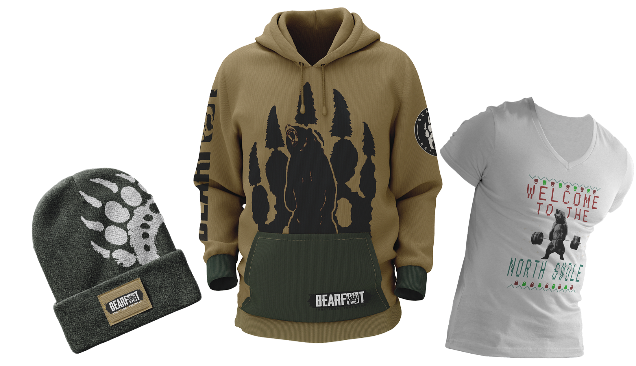 Bearfoot beanie, forest hoodie, and North Swole shirt concepts