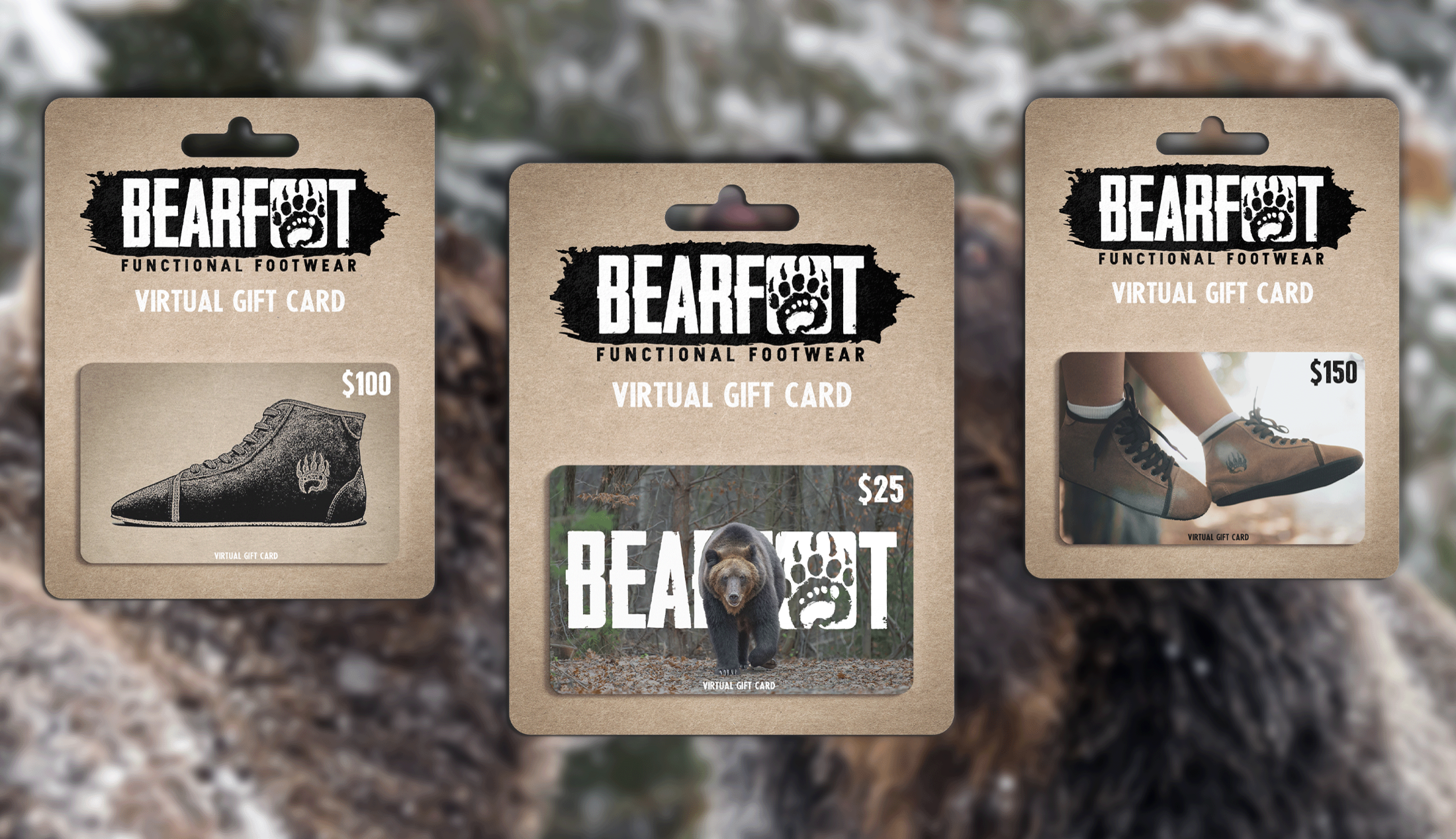 Bearfoot virtual gift card designs in several values