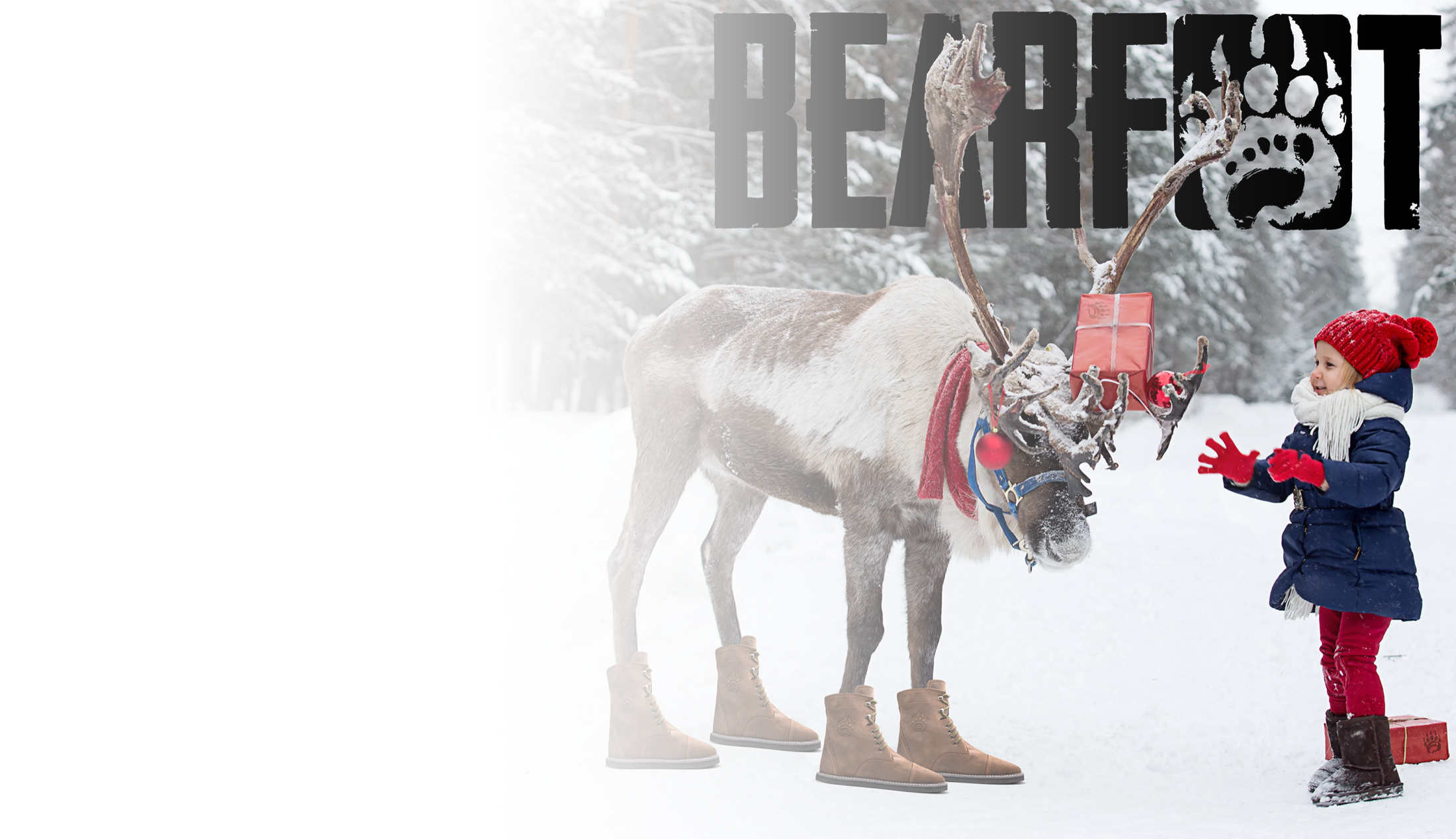 Bearfoot holiday banner with a reindeer wearing boots