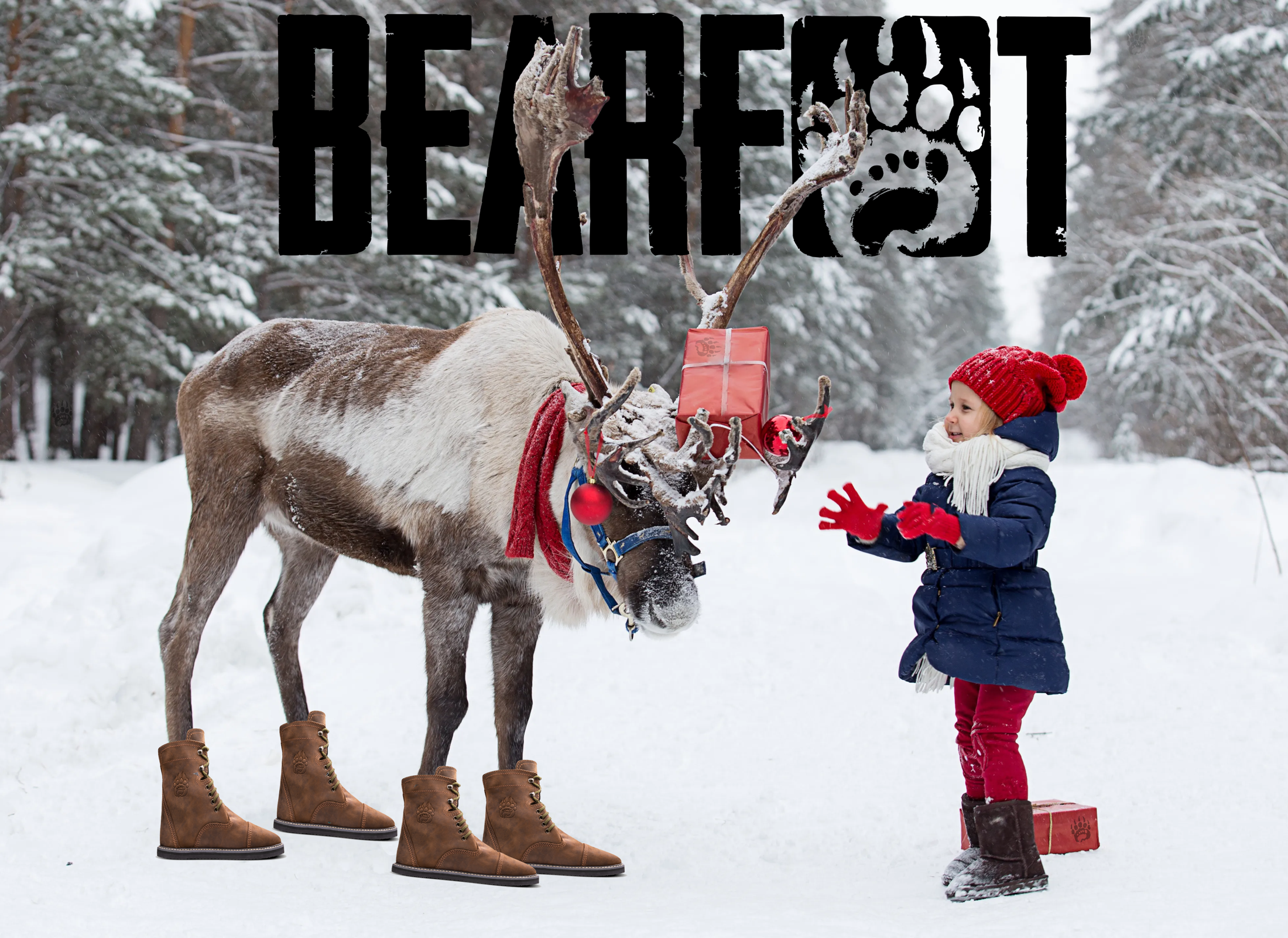 Holiday Bearfoot graphic showing a reindeer wearing four Bearfoot boots