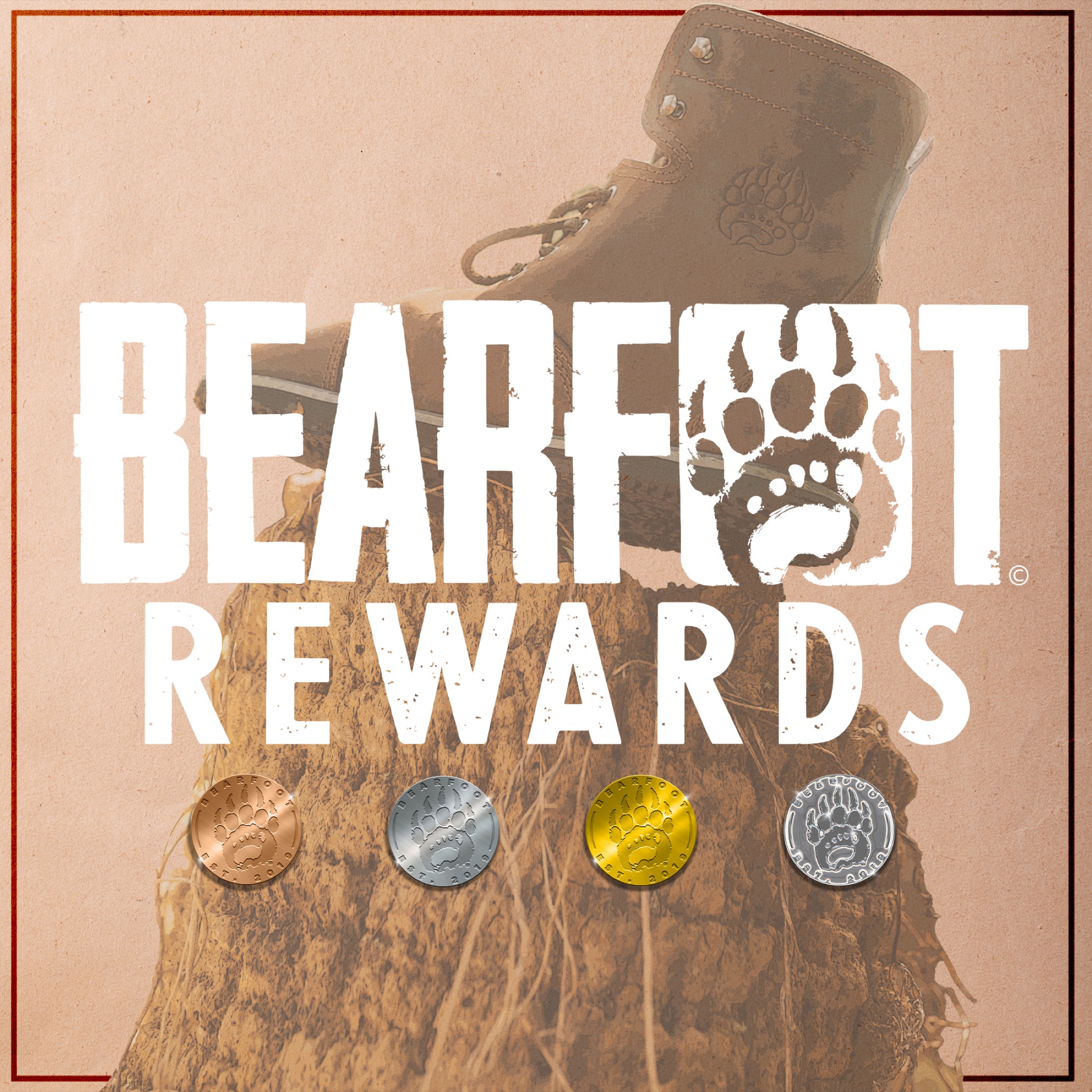 Bearfoot Rewards program title graphic with four paw-print reward coins