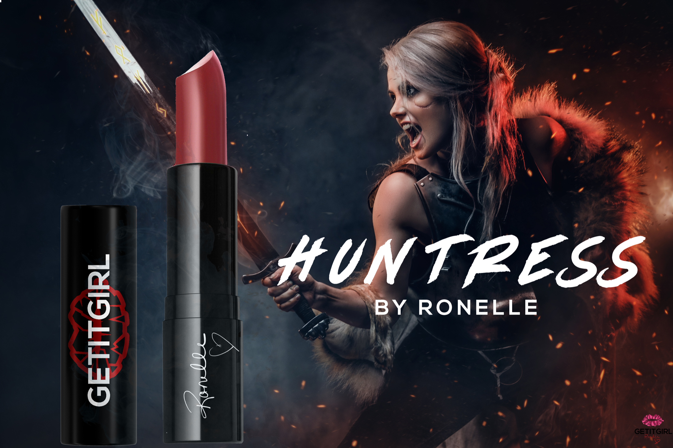 Huntress by Ronelle lipstick social campaign graphic with a bold warrior concept