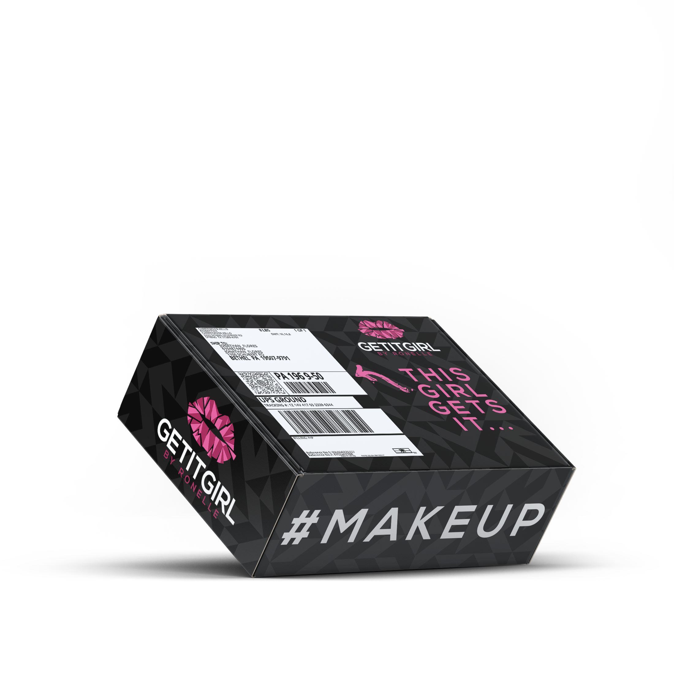 Closed GETITGIRL Cosmetics shipping box with Make Up message