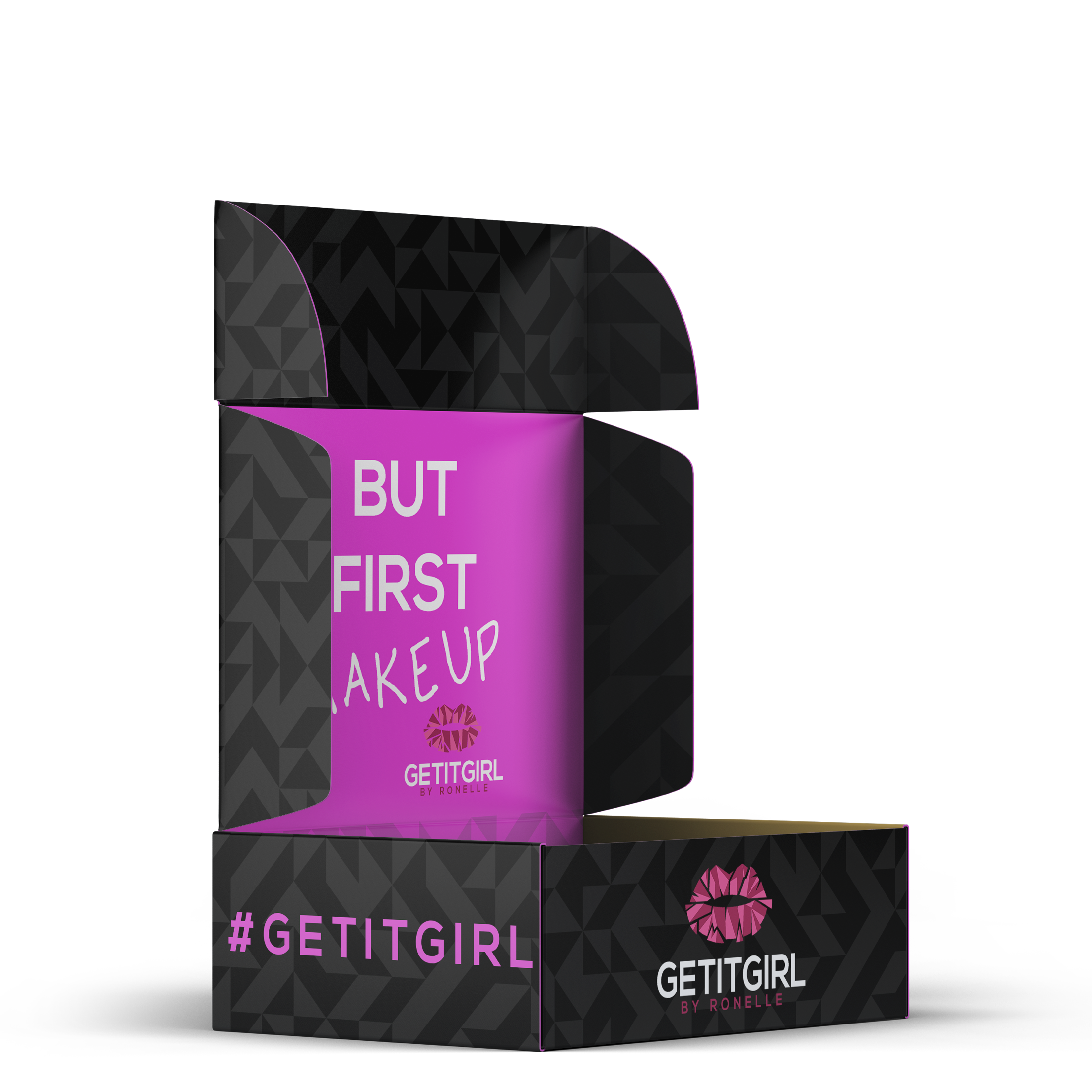 Open GETITGIRL Cosmetics shipping box with magenta interior message