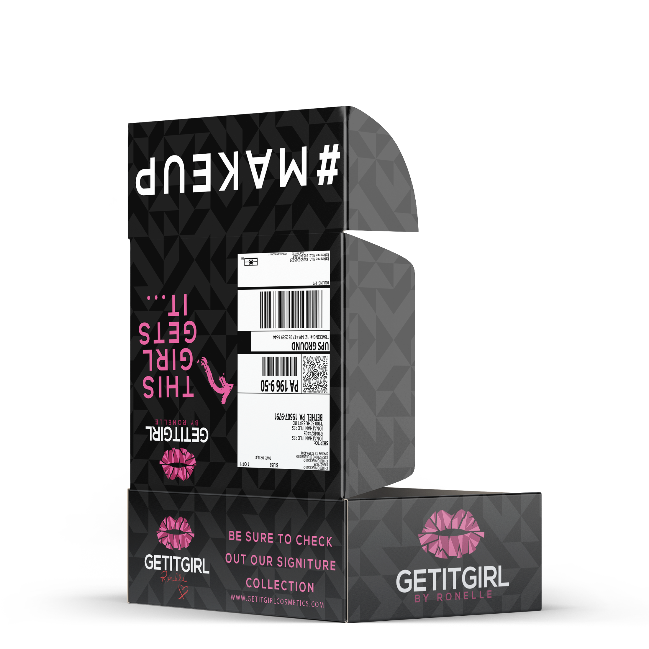 GETITGIRL Cosmetics shipping box shown with mailing label and brand messages