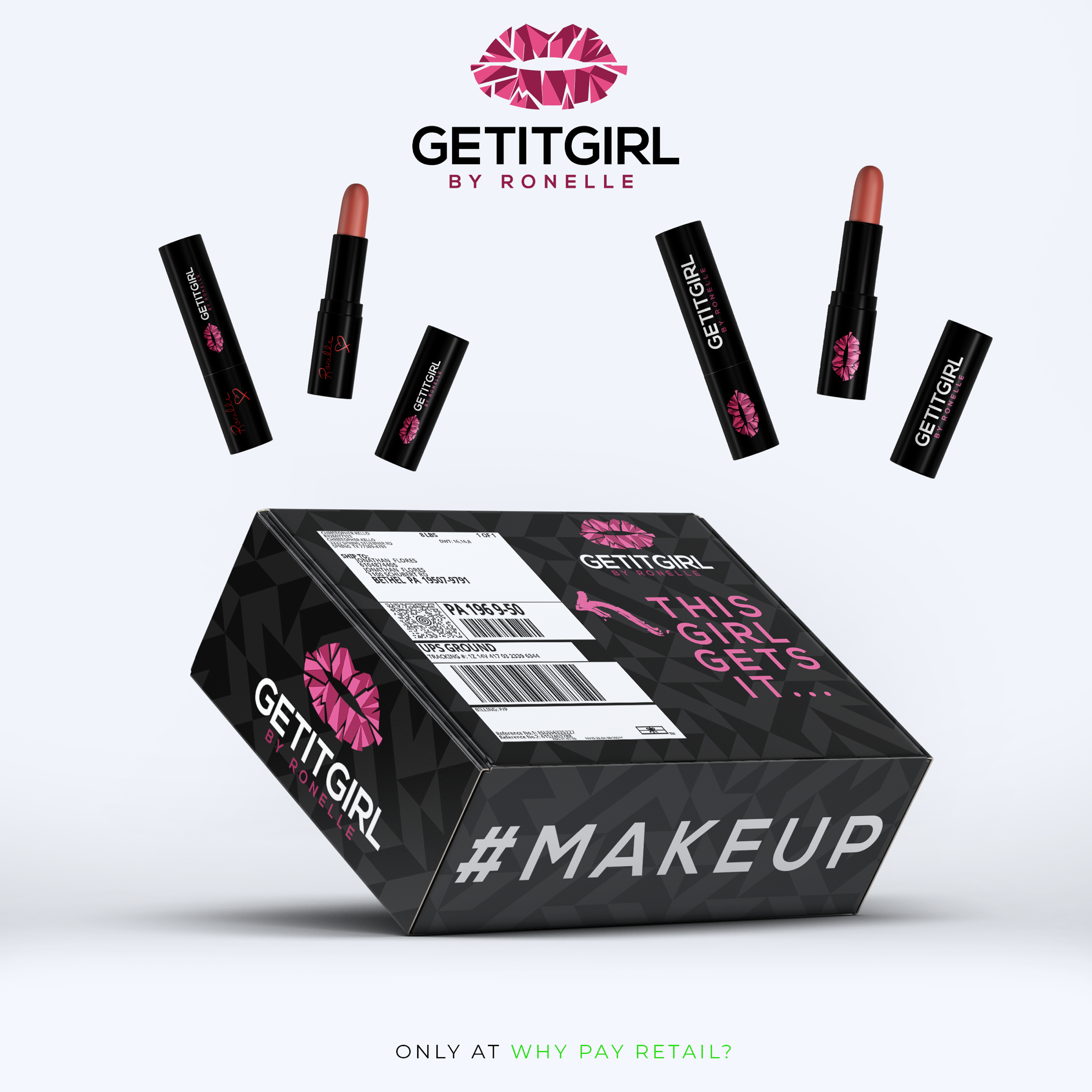 GETITGIRL Cosmetics lipstick and branded shipping box product campaign