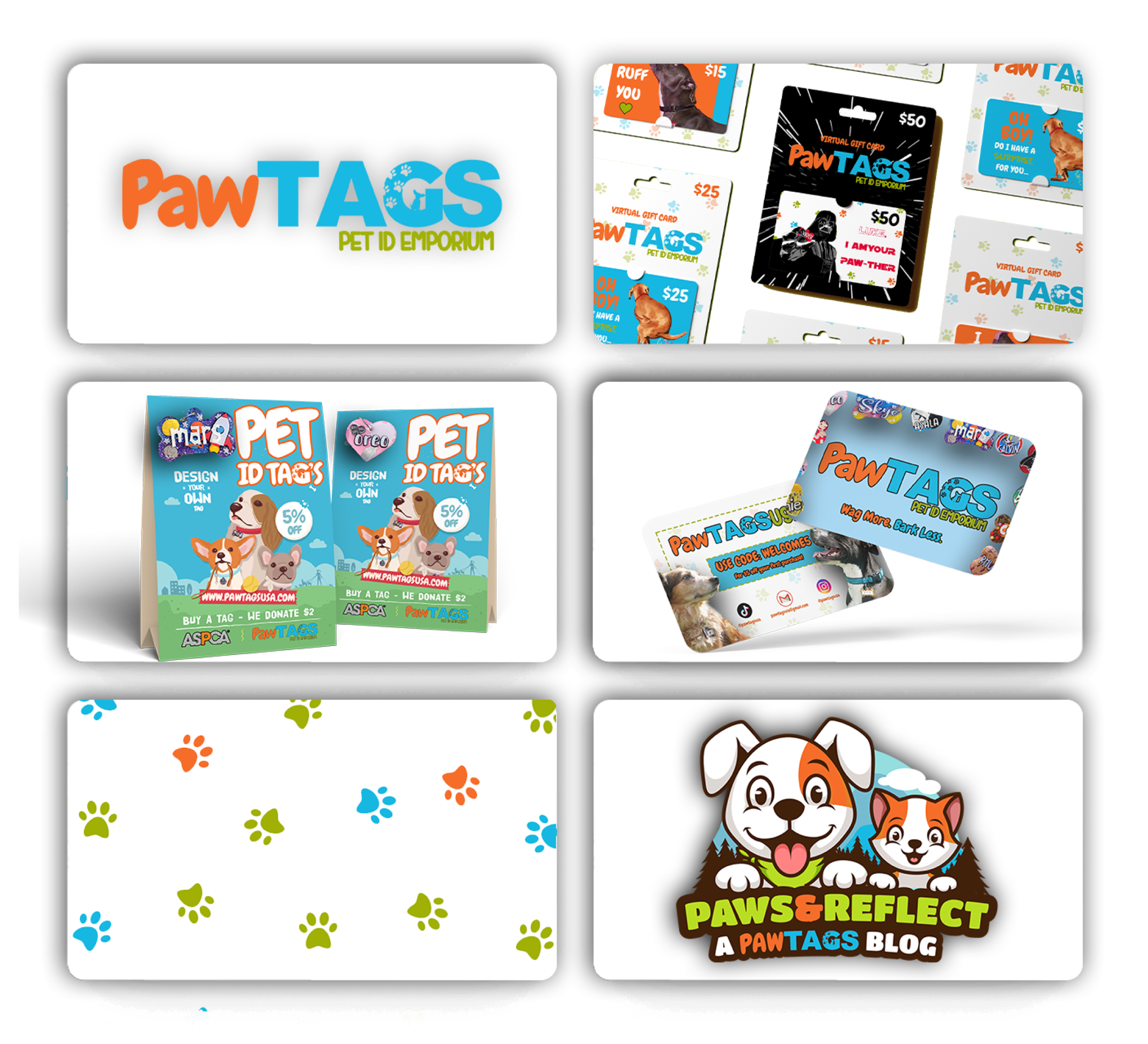 PawTAGS identity, gift cards, pet tag packaging, patterns, and campaign graphics