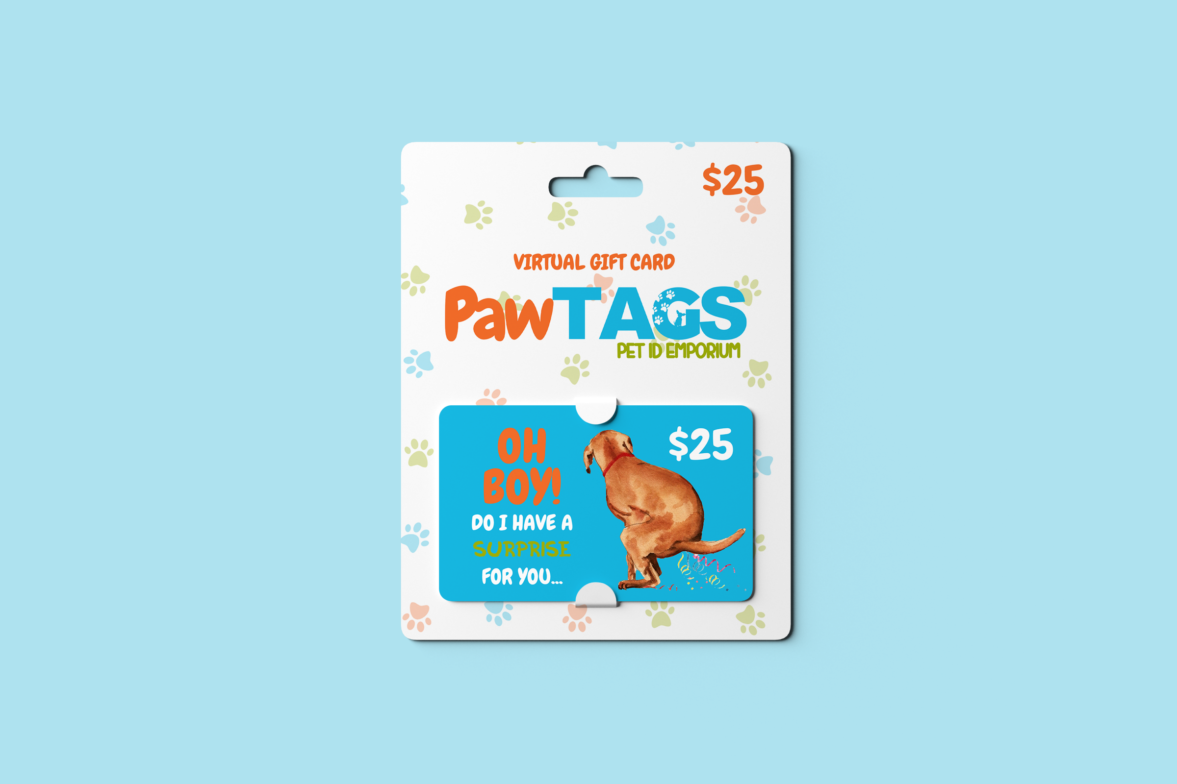 Blue PawTAGS twenty five dollar gift card featuring a dog