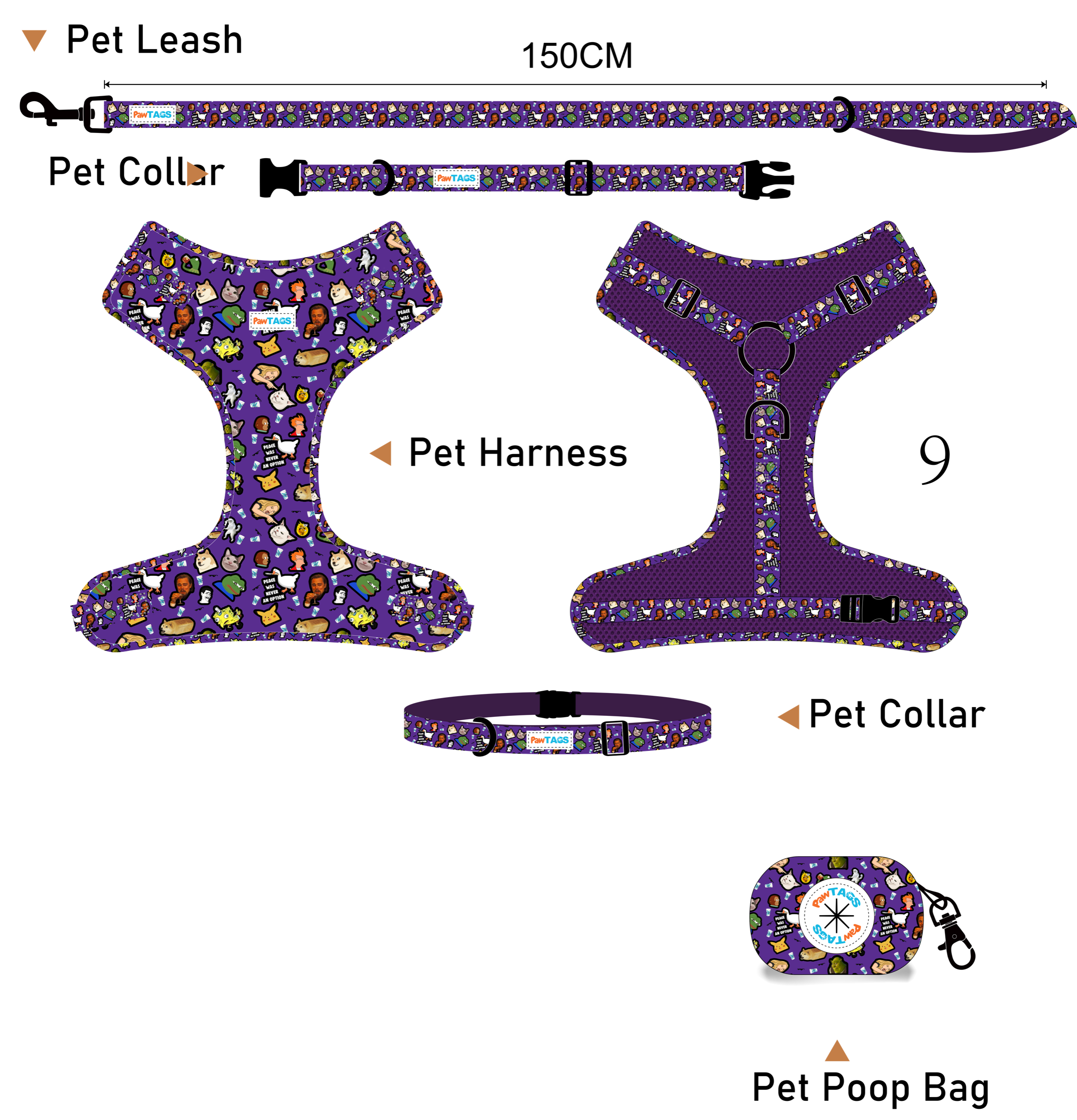 Meme pattern harness, leash, collar, and waste bag set