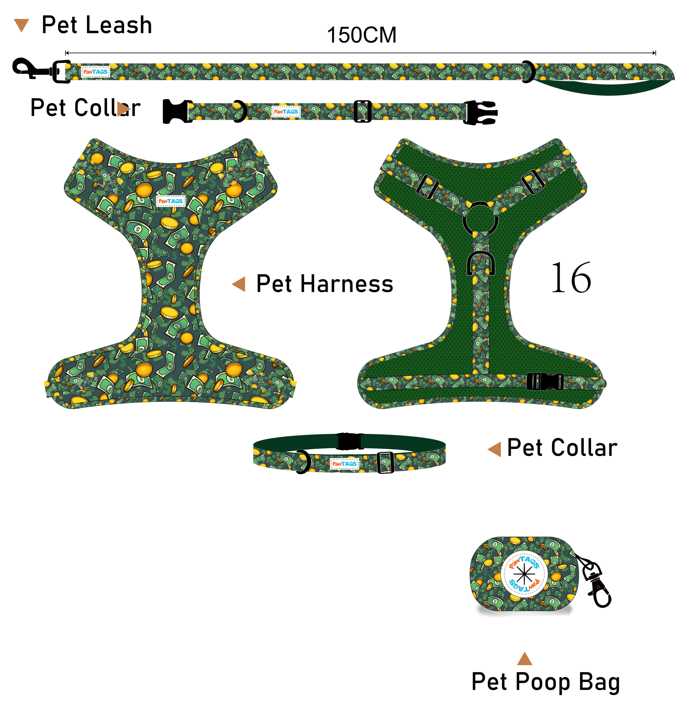 Money pattern harness, leash, collar, and waste bag set