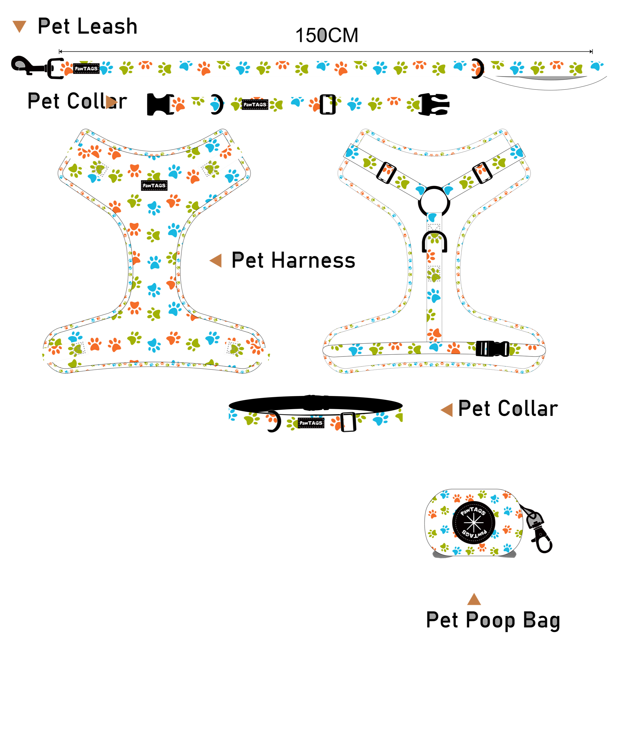 Paw print harness, leash, collar, and waste bag set
