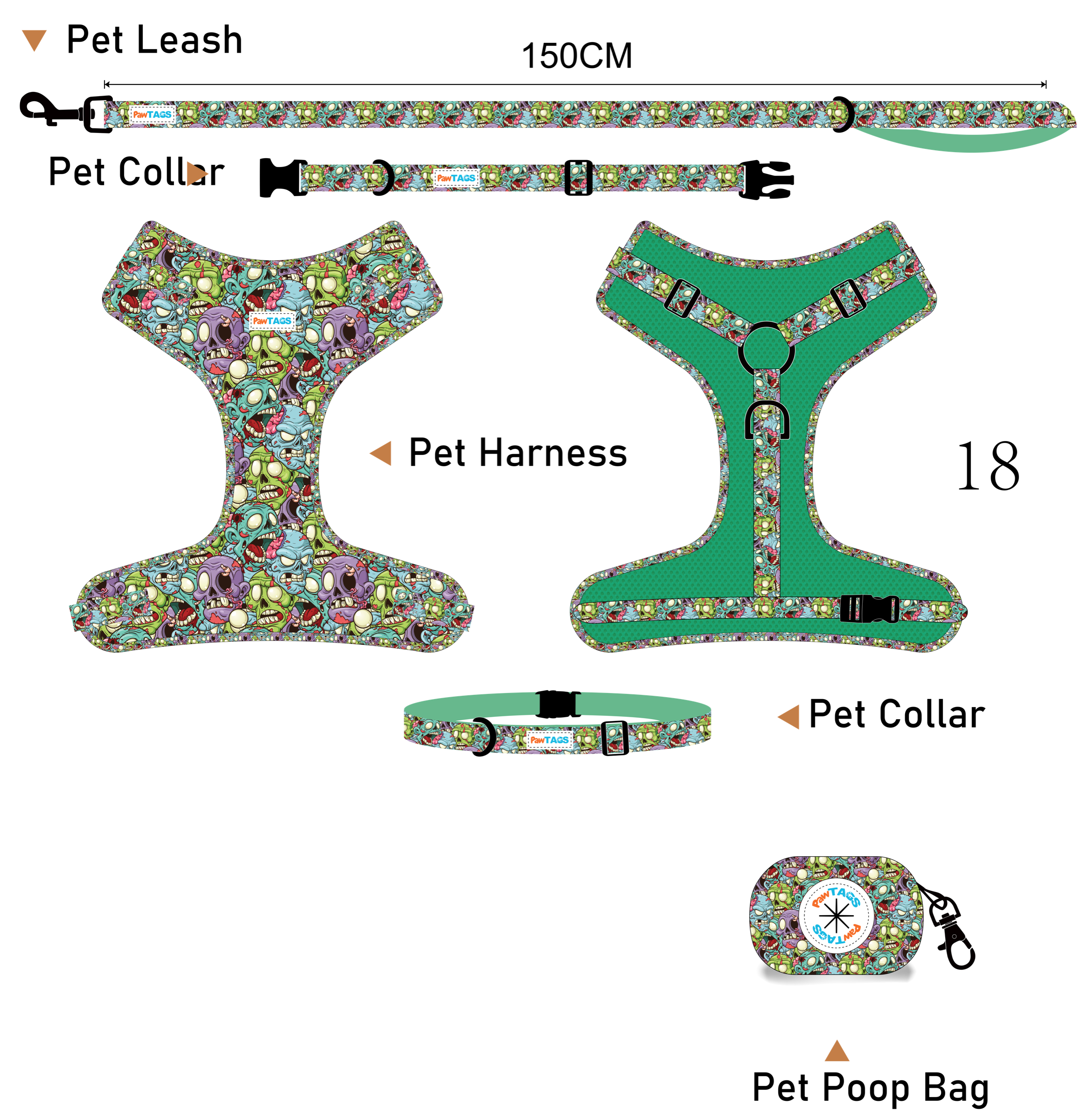 Zombie pattern harness, leash, collar, and waste bag set