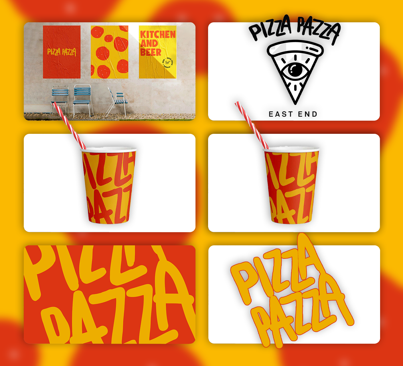 Pizza Pazza identity shown across posters, logo, cups, and patterns