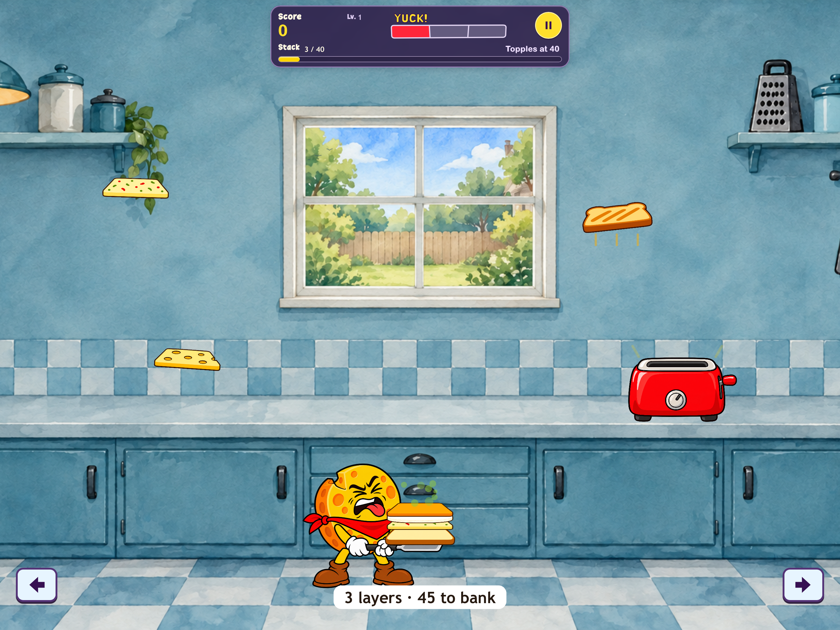 Landscape gameplay showing the kitchen, falling ingredients, player character, and score dashboard